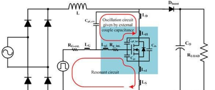 Simplified diagram of PFC circuit including parasitic elements inside and outside the power MOSFET